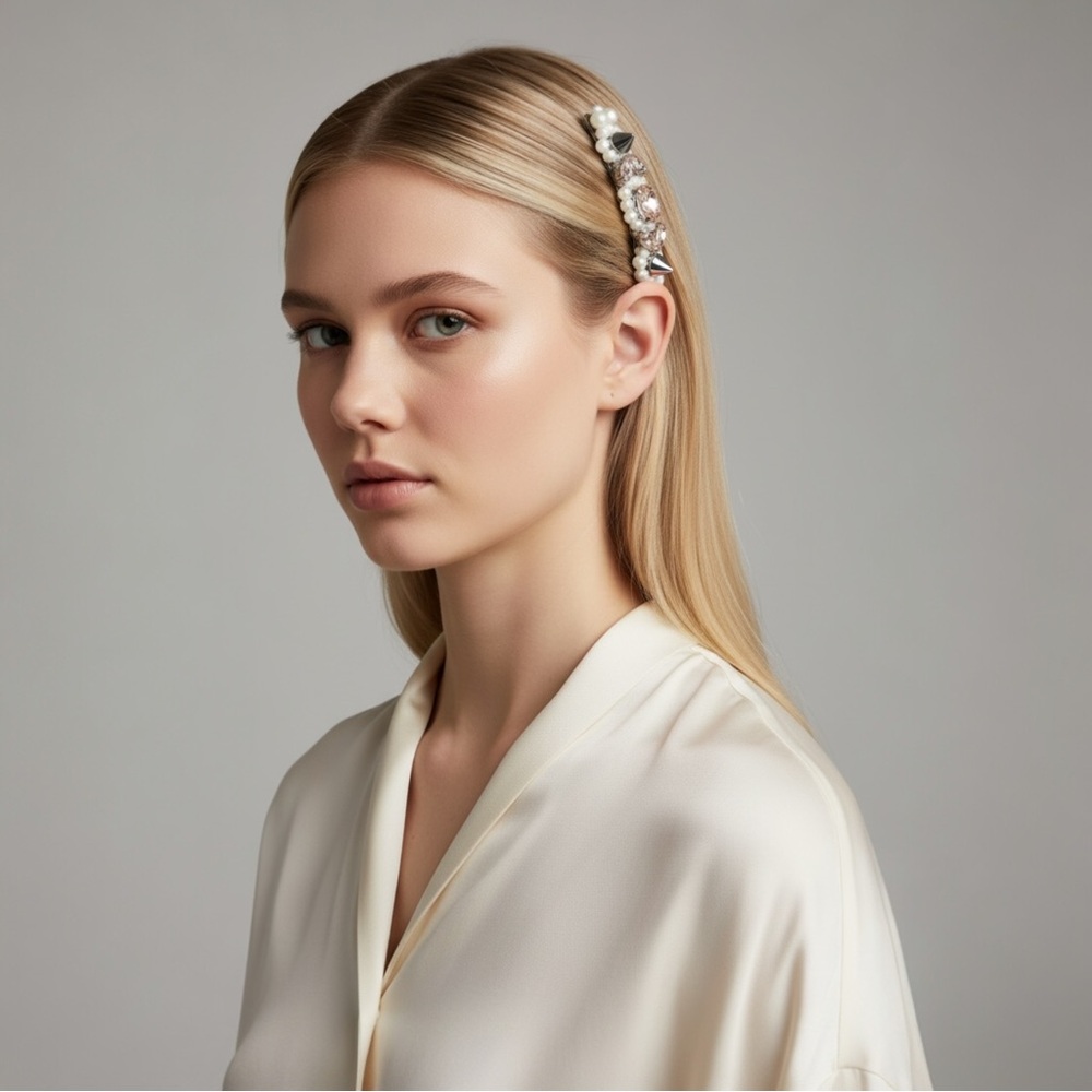 Simone Rocha Embellished Pearl & Pink Crystal Hair Barrette – Logo Engraved
